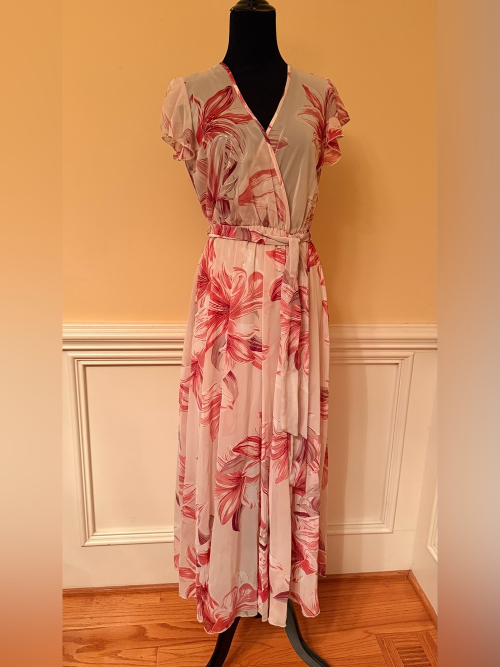 Alexa B. Nites‎ Floral Metallic Pink Maxi Dress Surplice Flutter Sleeve Size 4